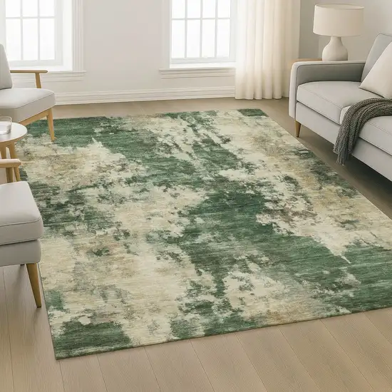 Fern Green And Beige Abstract Washable Area Rug With UV Protection Photo 6