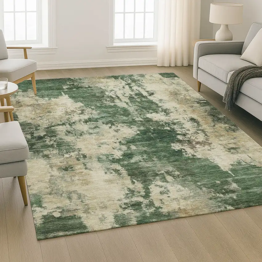 Fern Green And Beige Abstract Washable Area Rug With UV Protection Photo 5