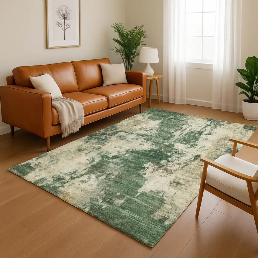 Fern Green And Beige Abstract Washable Area Rug With UV Protection Photo 4