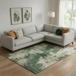 Photo of Fern Green And Beige Abstract Washable Area Rug With UV Protection