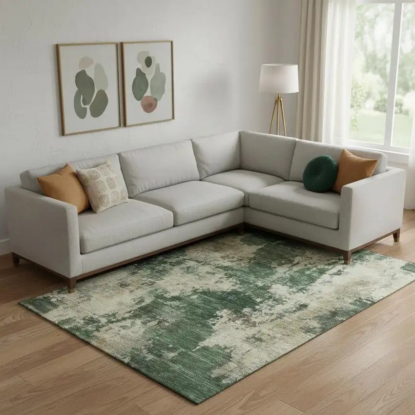 Fern Green And Beige Abstract Washable Area Rug With UV Protection Photo 2