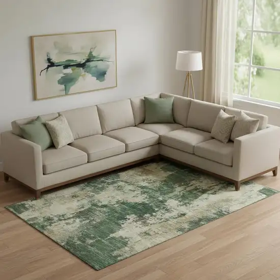 Fern Green And Beige Abstract Washable Area Rug With UV Protection Photo 2