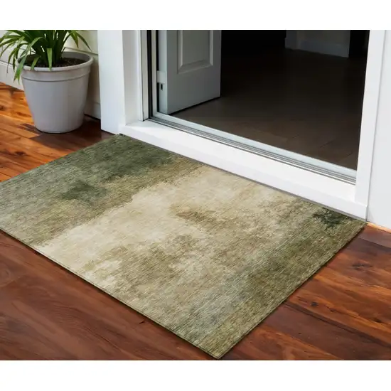 Fern Green And Beige Abstract Washable Indoor Outdoor Area Rug Photo 1
