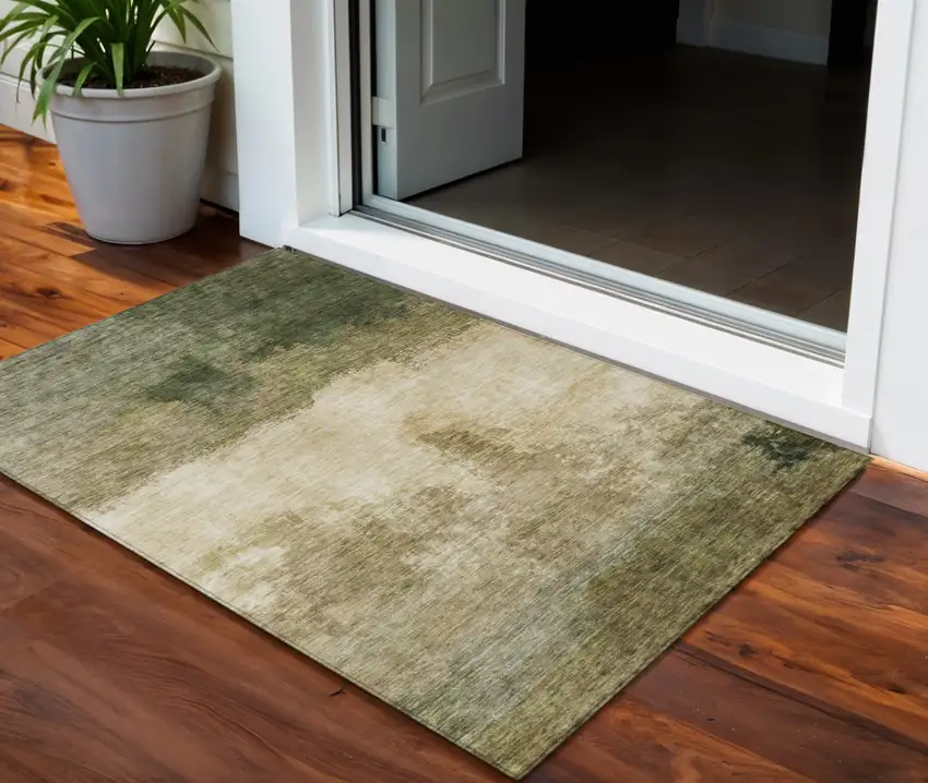 Fern Green And Beige Abstract Washable Indoor Outdoor Area Rug Photo 1
