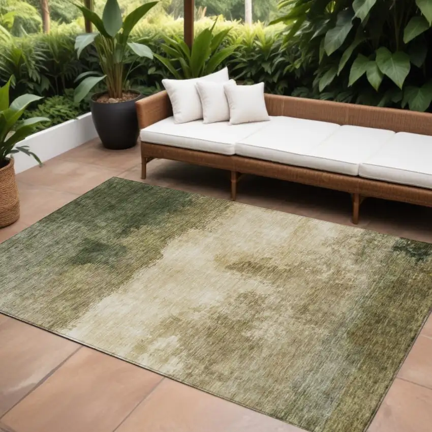 Fern Green And Beige Abstract Washable Indoor Outdoor Area Rug Photo 1