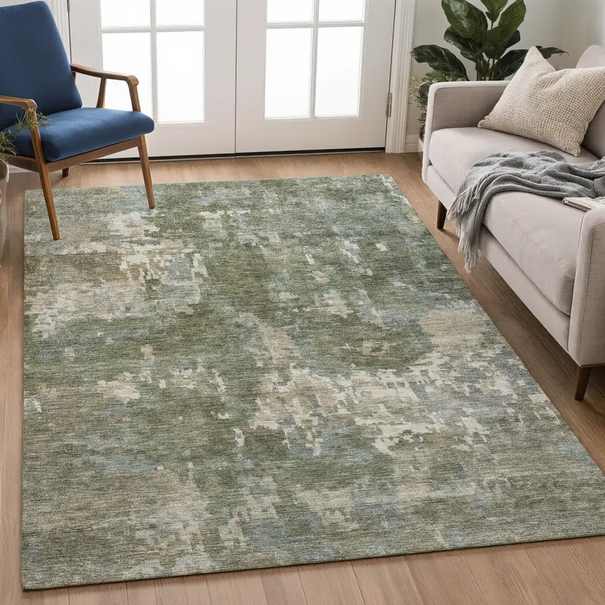 Fern Green And Beige Abstract Washable Indoor Outdoor Area Rug Photo 5