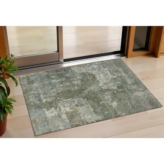 Fern Green And Beige Abstract Washable Indoor Outdoor Area Rug Photo 1