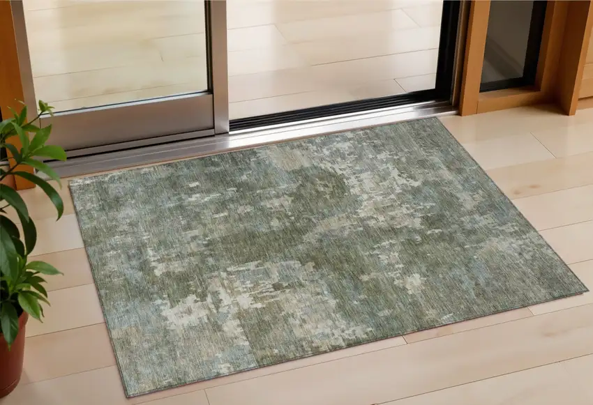 Fern Green And Beige Abstract Washable Indoor Outdoor Area Rug Photo 1