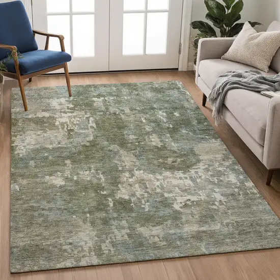 Fern Green And Beige Abstract Washable Indoor Outdoor Area Rug Photo 5
