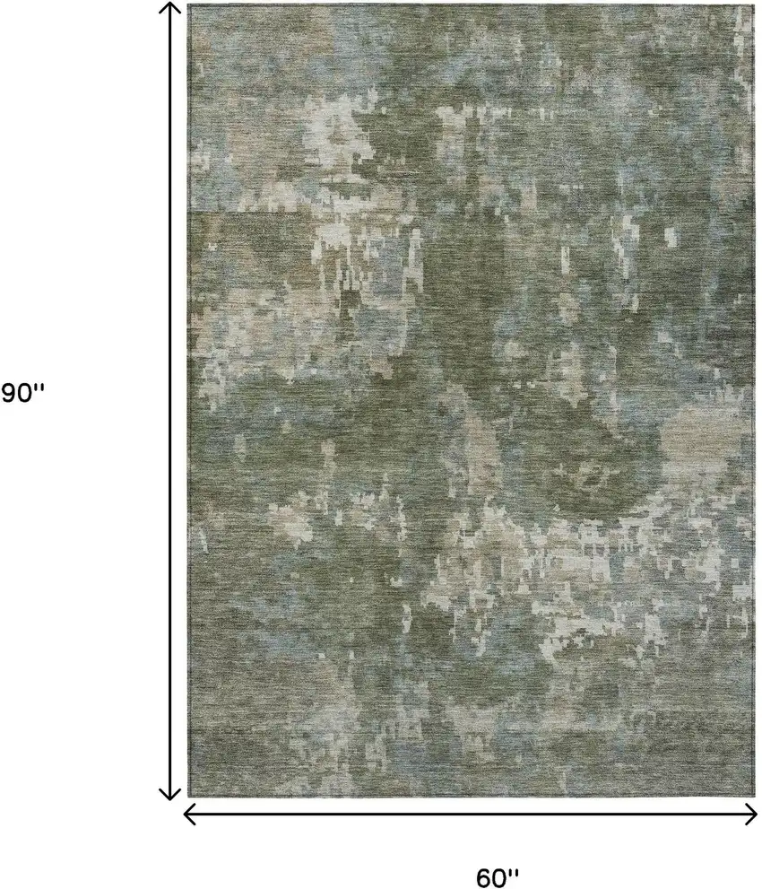 Fern Green And Beige Abstract Washable Indoor Outdoor Area Rug Photo 3