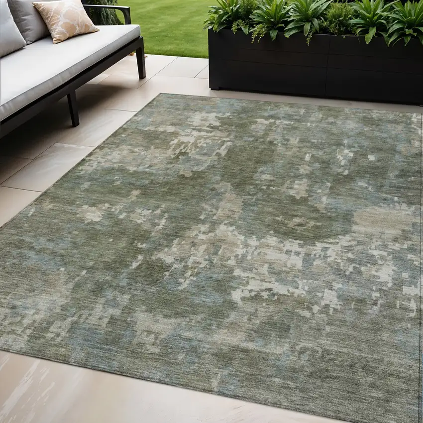 Fern Green And Beige Abstract Washable Indoor Outdoor Area Rug Photo 1