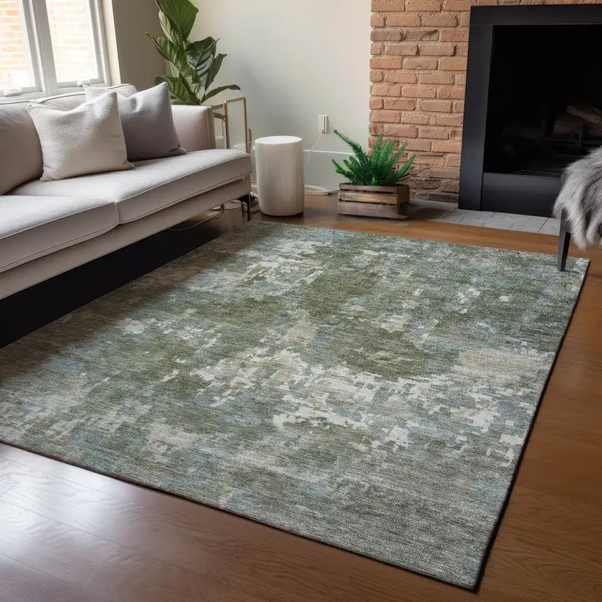 Fern Green And Beige Abstract Washable Indoor Outdoor Area Rug Photo 6