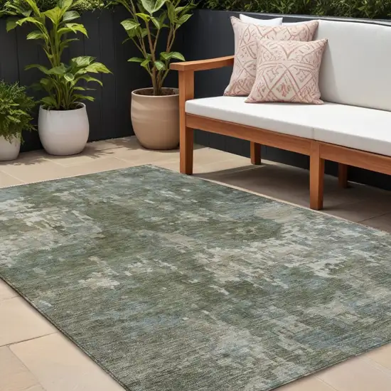 Fern Green And Beige Abstract Washable Indoor Outdoor Area Rug Photo 1
