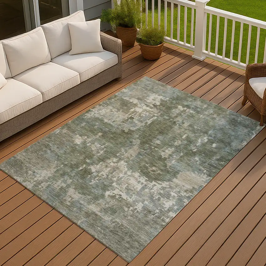 Fern Green And Beige Abstract Washable Indoor Outdoor Area Rug Photo 4