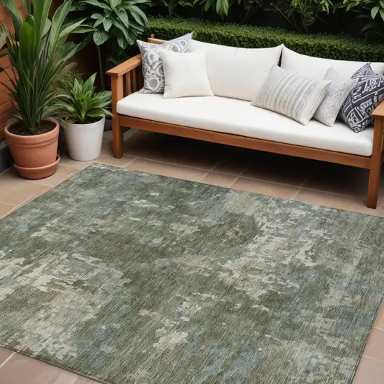 Fern Green And Beige Abstract Washable Indoor Outdoor Area Rug Photo 1