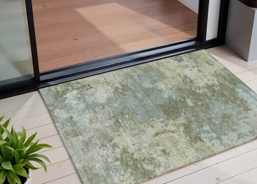 Fern Green And Beige Abstract Washable Indoor Outdoor Area Rug Photo 1