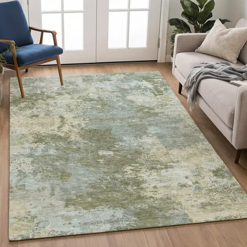 Fern Green And Beige Abstract Washable Indoor Outdoor Area Rug Photo 4