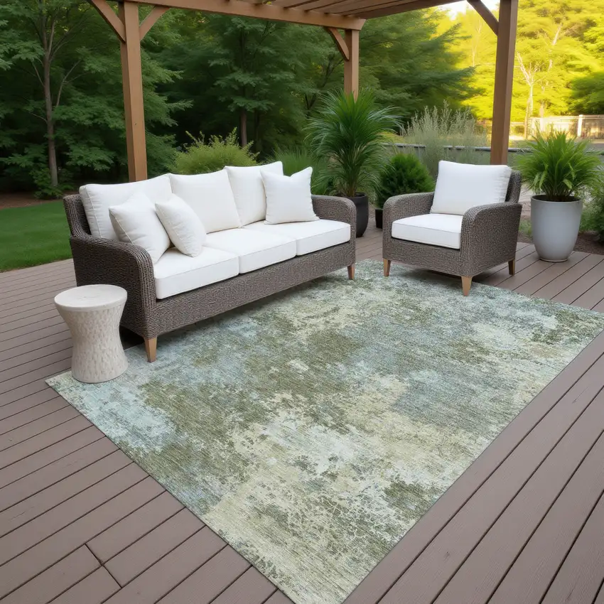 Fern Green And Beige Abstract Washable Indoor Outdoor Area Rug Photo 5