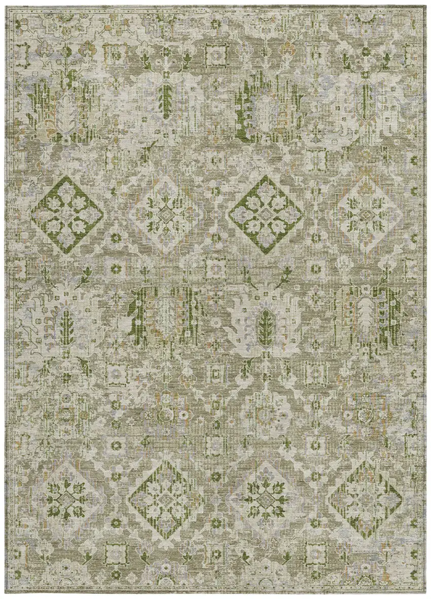 Fern Green And Beige Floral Medallion Washable Indoor Outdoor Area Rug Photo 4