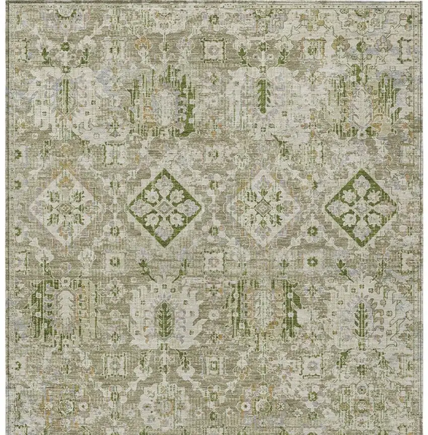 Fern Green And Beige Floral Medallion Washable Indoor Outdoor Area Rug Photo 3