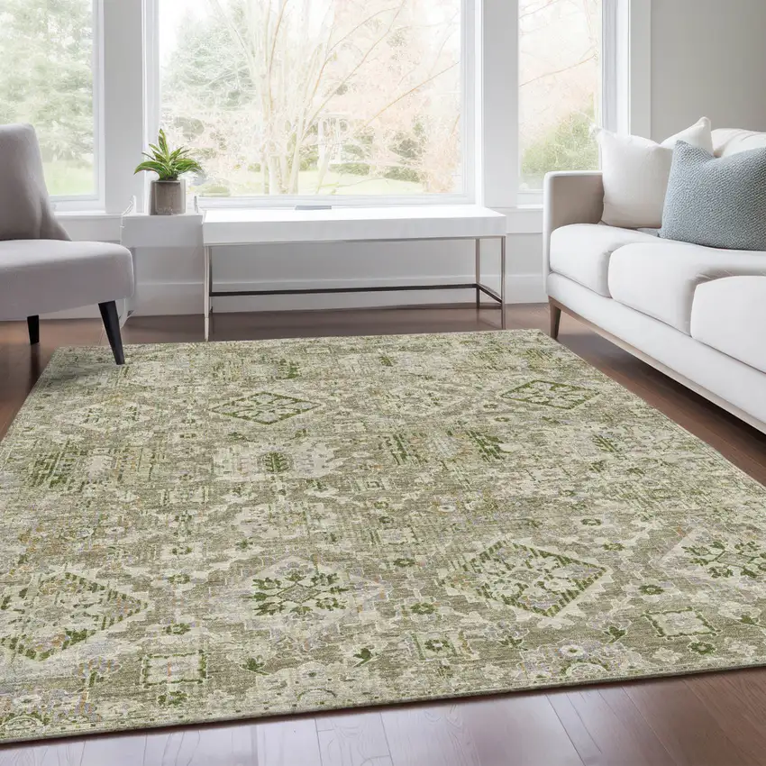 Fern Green And Beige Floral Medallion Washable Indoor Outdoor Area Rug Photo 7