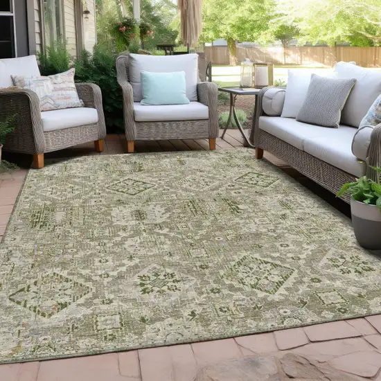 Fern Green And Beige Floral Medallion Washable Indoor Outdoor Area Rug Photo 5