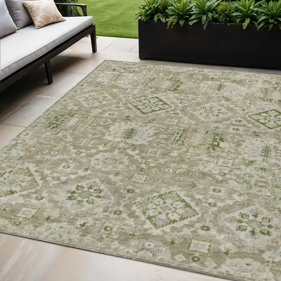 Fern Green And Beige Floral Medallion Washable Indoor Outdoor Area Rug Photo 2