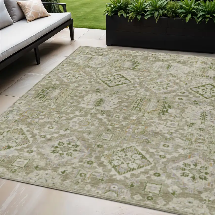 Fern Green And Beige Floral Medallion Washable Indoor Outdoor Area Rug Photo 2