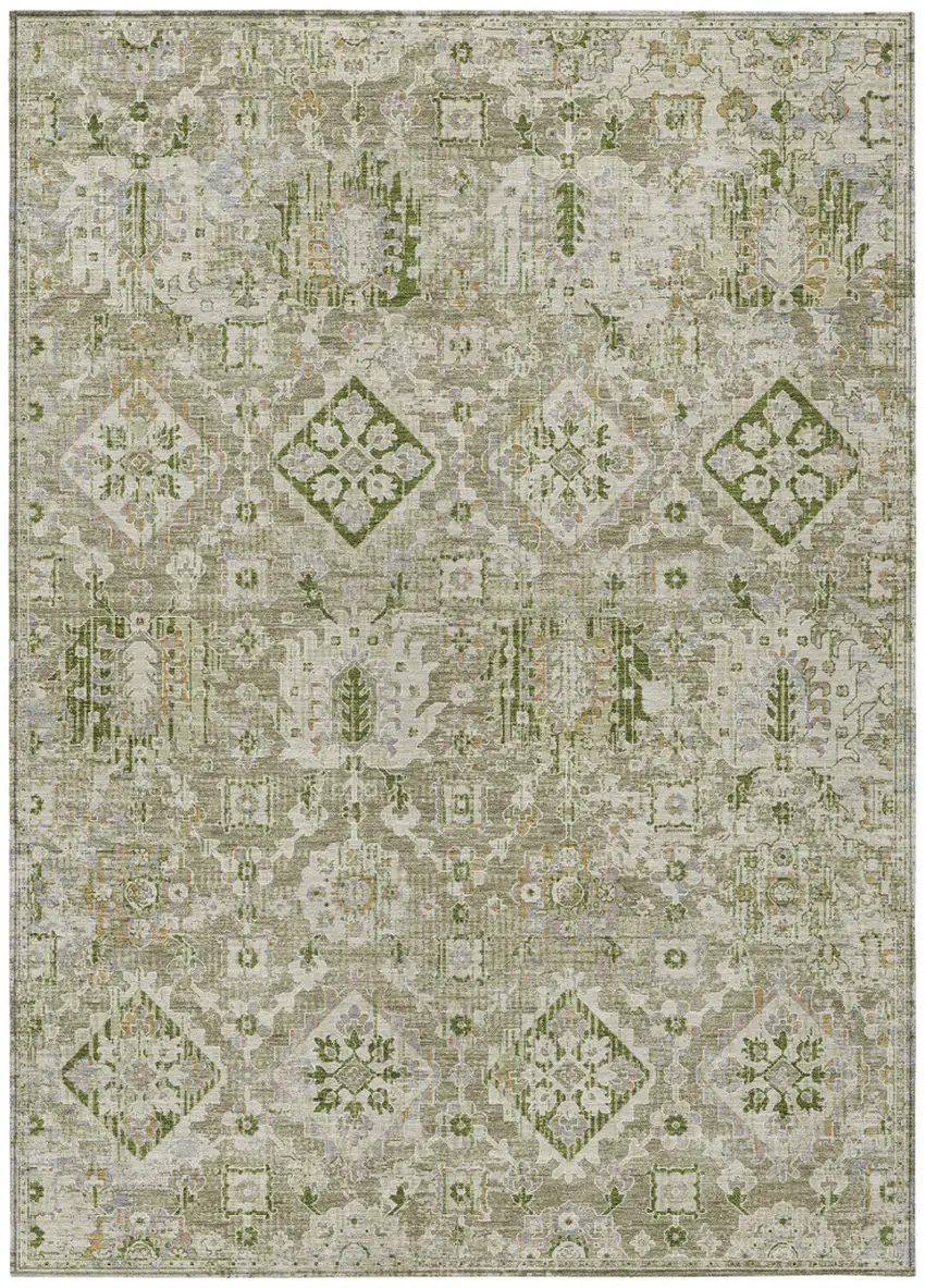 Fern Green And Beige Floral Medallion Washable Indoor Outdoor Area Rug Photo 1