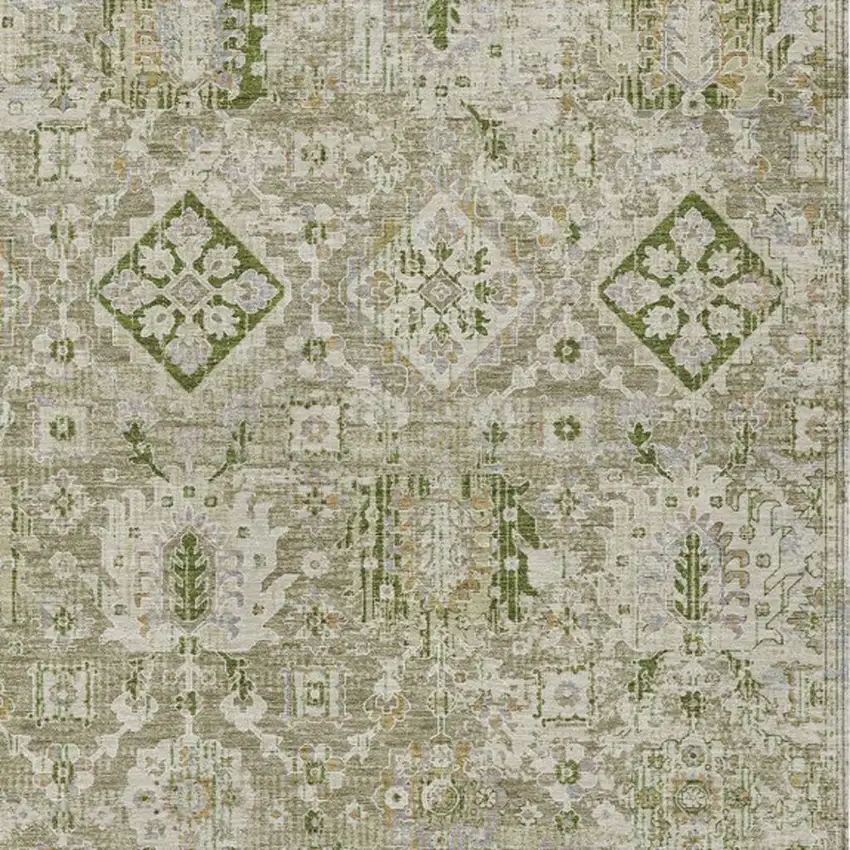 Fern Green And Beige Floral Medallion Washable Indoor Outdoor Area Rug Photo 4