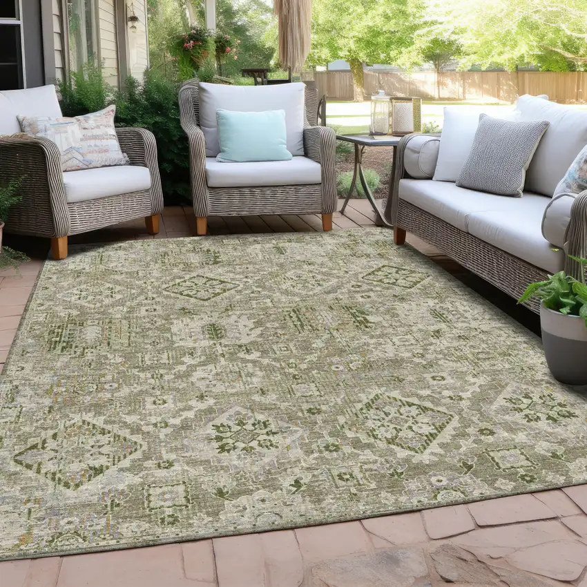 Fern Green And Beige Floral Medallion Washable Indoor Outdoor Area Rug Photo 5
