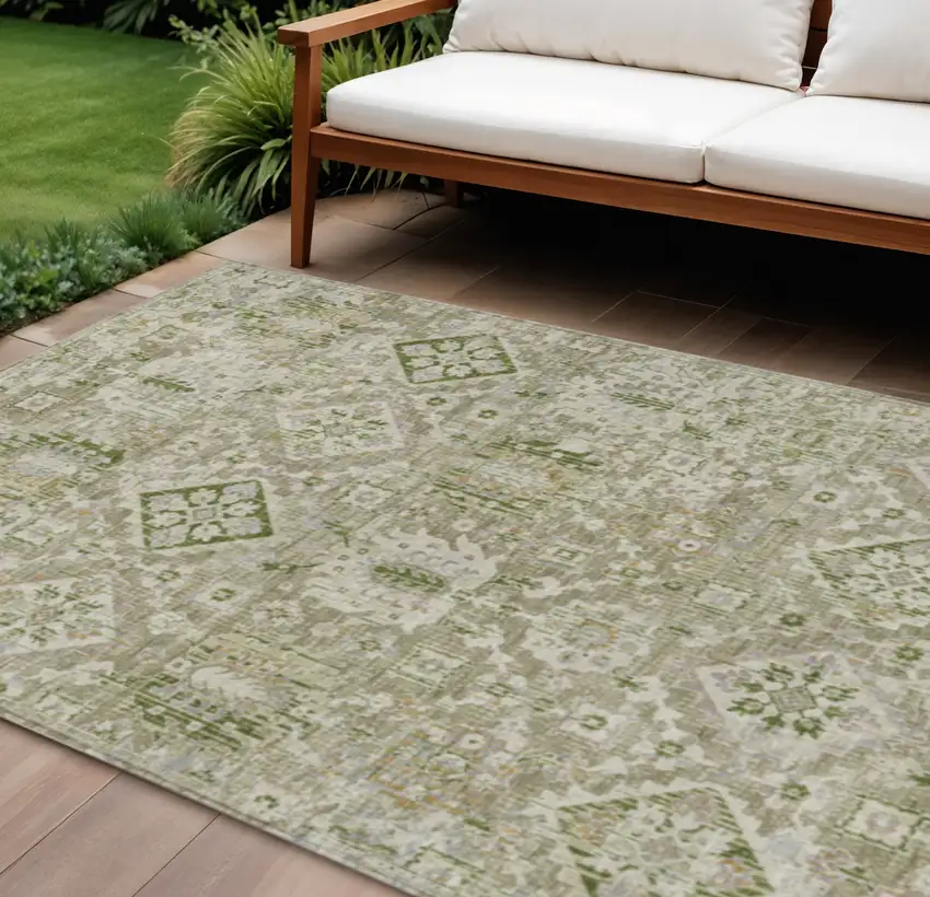 Fern Green And Beige Floral Medallion Washable Indoor Outdoor Area Rug Photo 2