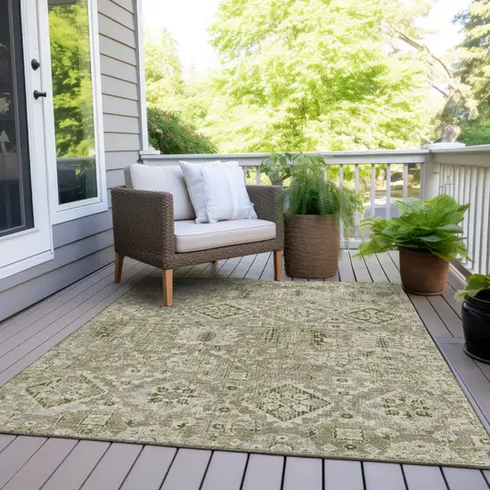 Fern Green And Beige Floral Medallion Washable Indoor Outdoor Area Rug Photo 8