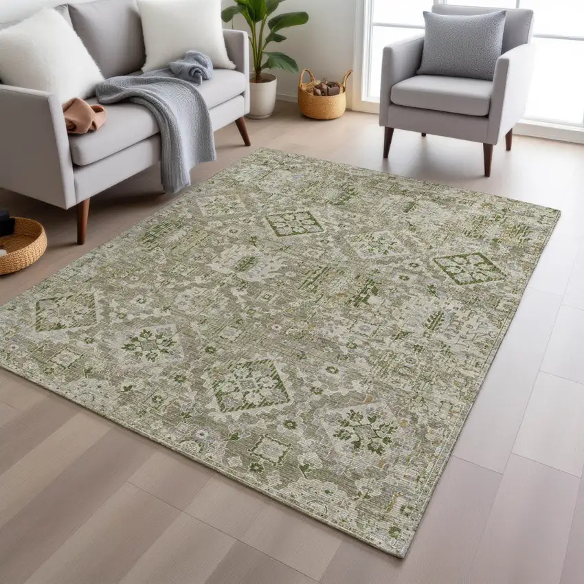 Fern Green And Beige Floral Medallion Washable Indoor Outdoor Area Rug Photo 6