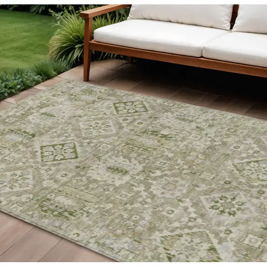 Fern Green And Beige Floral Medallion Washable Indoor Outdoor Area Rug Photo 2