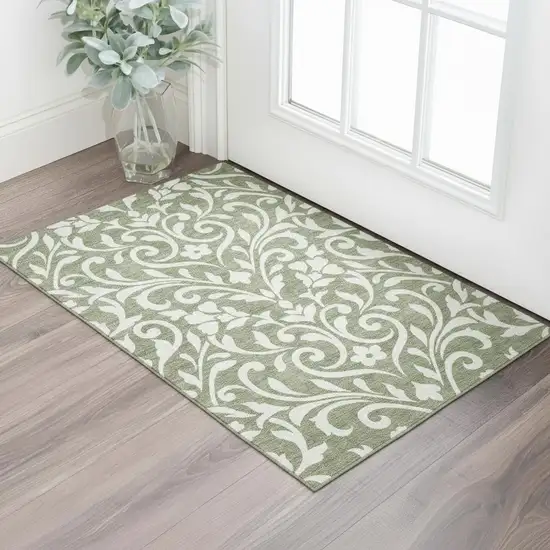 Fern Green And Beige Floral Washable Area Rug With UV Protection Photo 1