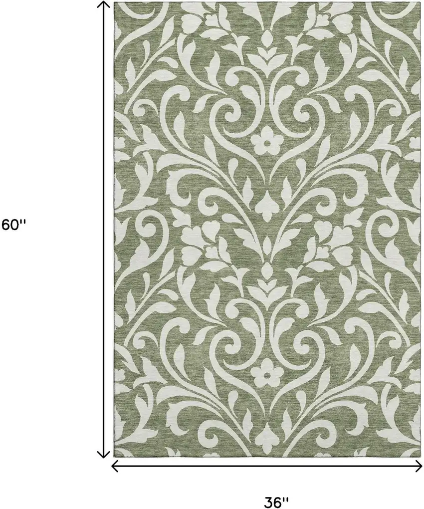 Fern Green And Beige Floral Washable Area Rug With UV Protection Photo 3