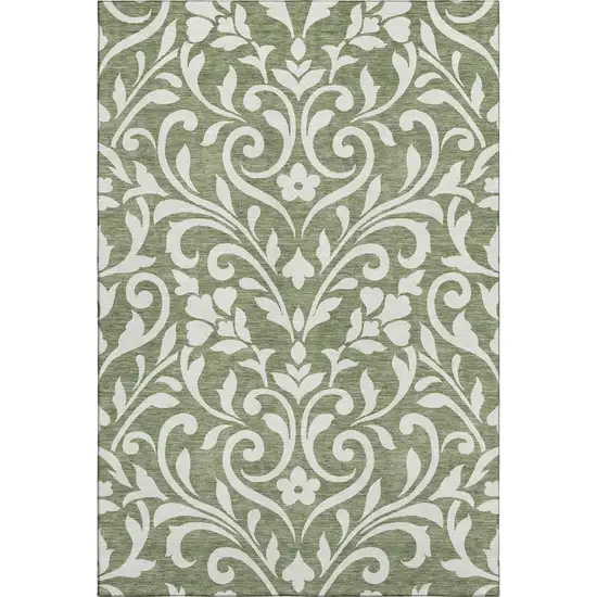 Fern Green And Beige Floral Washable Area Rug With UV Protection Photo 1
