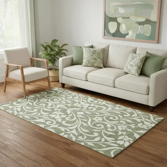 Fern Green And Beige Floral Washable Area Rug With UV Protection Photo 1