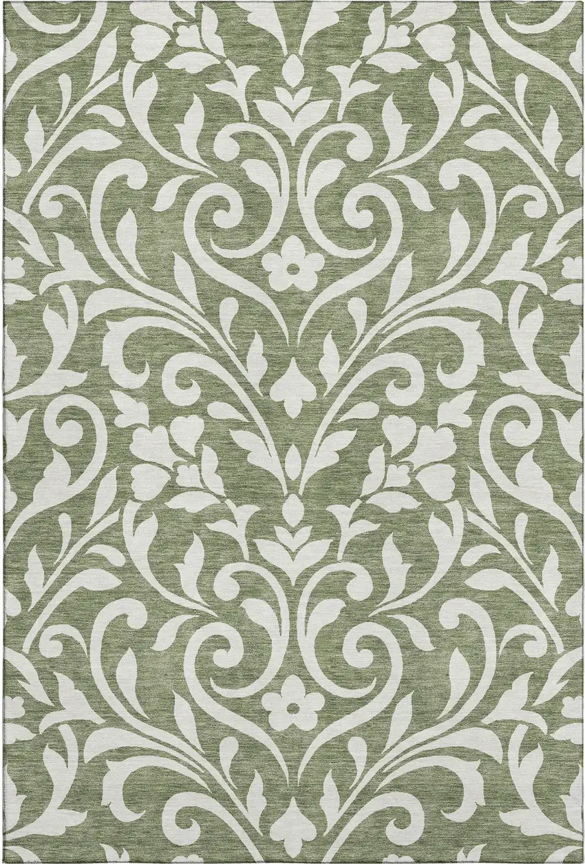 Fern Green And Beige Floral Washable Area Rug With UV Protection Photo 1