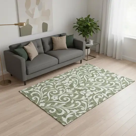Fern Green And Beige Floral Washable Area Rug With UV Protection Photo 2