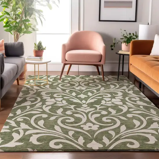 Fern Green And Beige Floral Washable Area Rug With UV Protection Photo 5