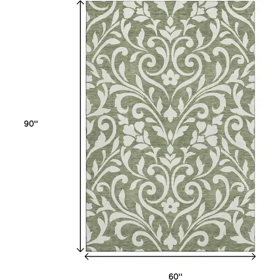 Fern Green And Beige Floral Washable Area Rug With UV Protection Photo 9