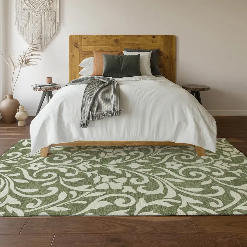 Fern Green And Beige Floral Washable Area Rug With UV Protection Photo 6