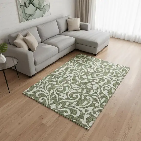 Fern Green And Beige Floral Washable Area Rug With UV Protection Photo 2