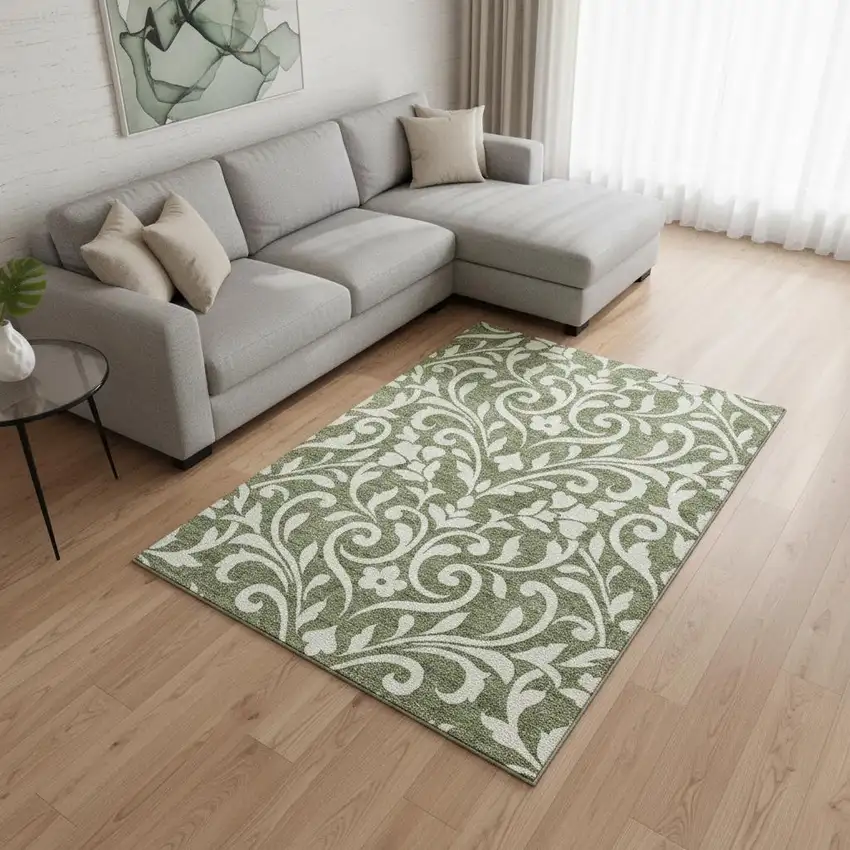 Fern Green And Beige Floral Washable Area Rug With UV Protection Photo 2