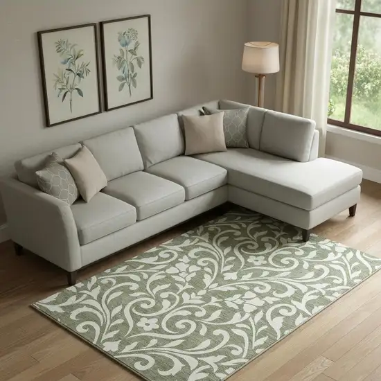 Fern Green And Beige Floral Washable Area Rug With UV Protection Photo 1