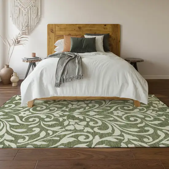 Fern Green And Beige Floral Washable Area Rug With UV Protection Photo 6