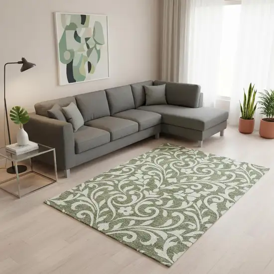 Fern Green And Beige Floral Washable Area Rug With UV Protection Photo 2