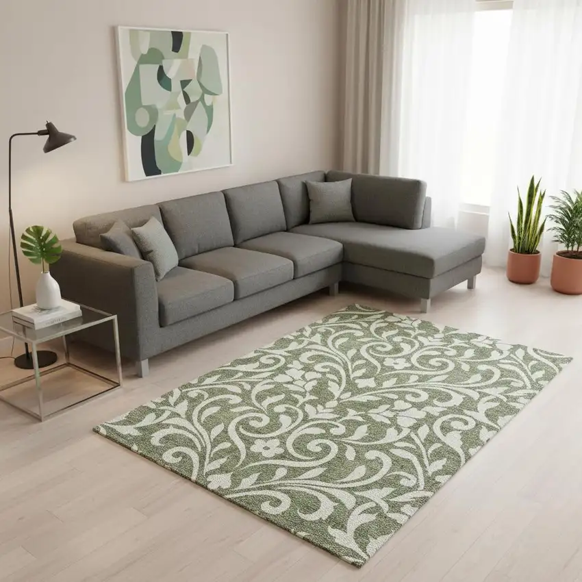 Fern Green And Beige Floral Washable Area Rug With UV Protection Photo 2